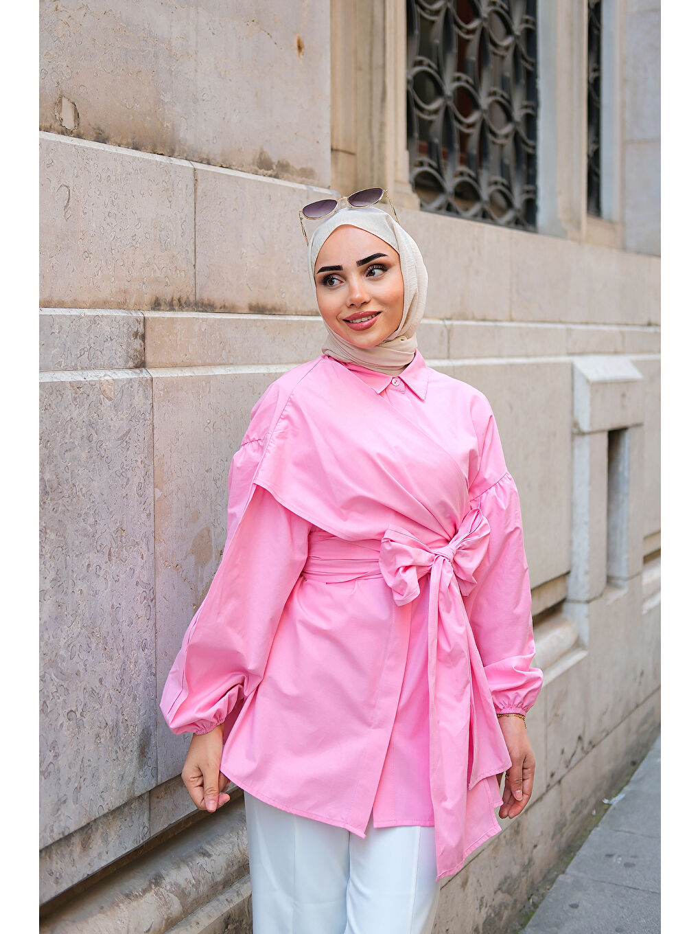 Kadın Omuz Bağlamalı Poplin Gömlek Pembe-2