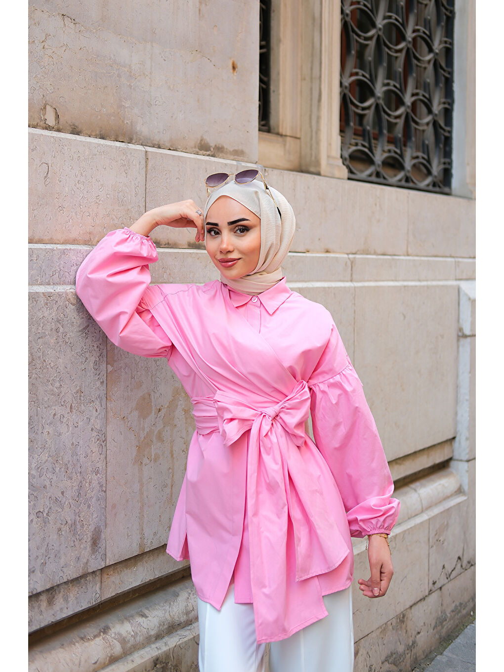 Kadın Omuz Bağlamalı Poplin Gömlek Pembe-3