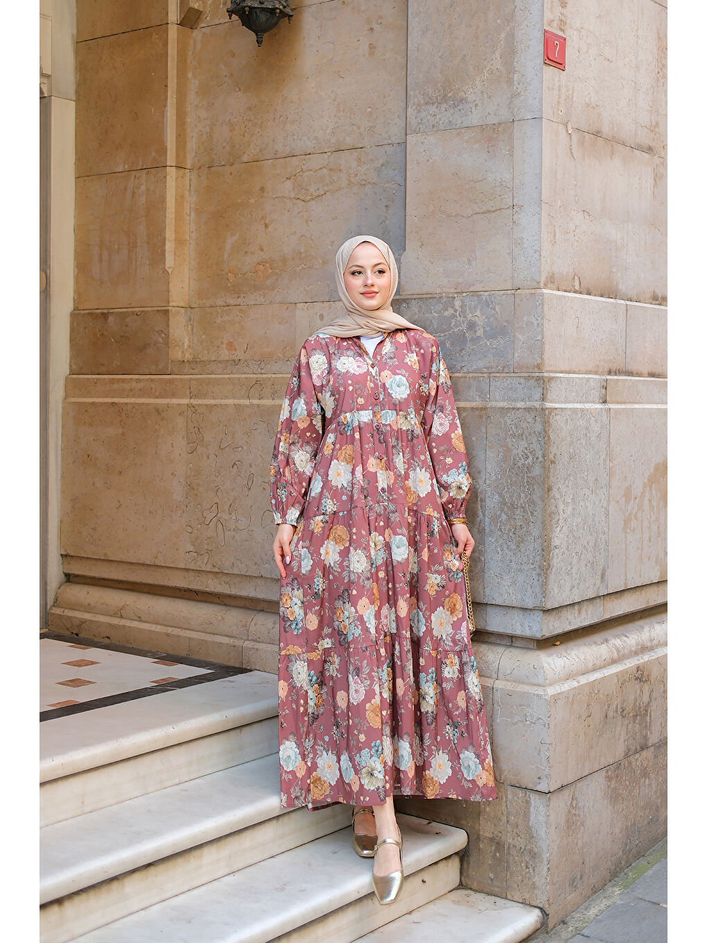 Kadın Rose Desenli Elbise Kahverengi-2