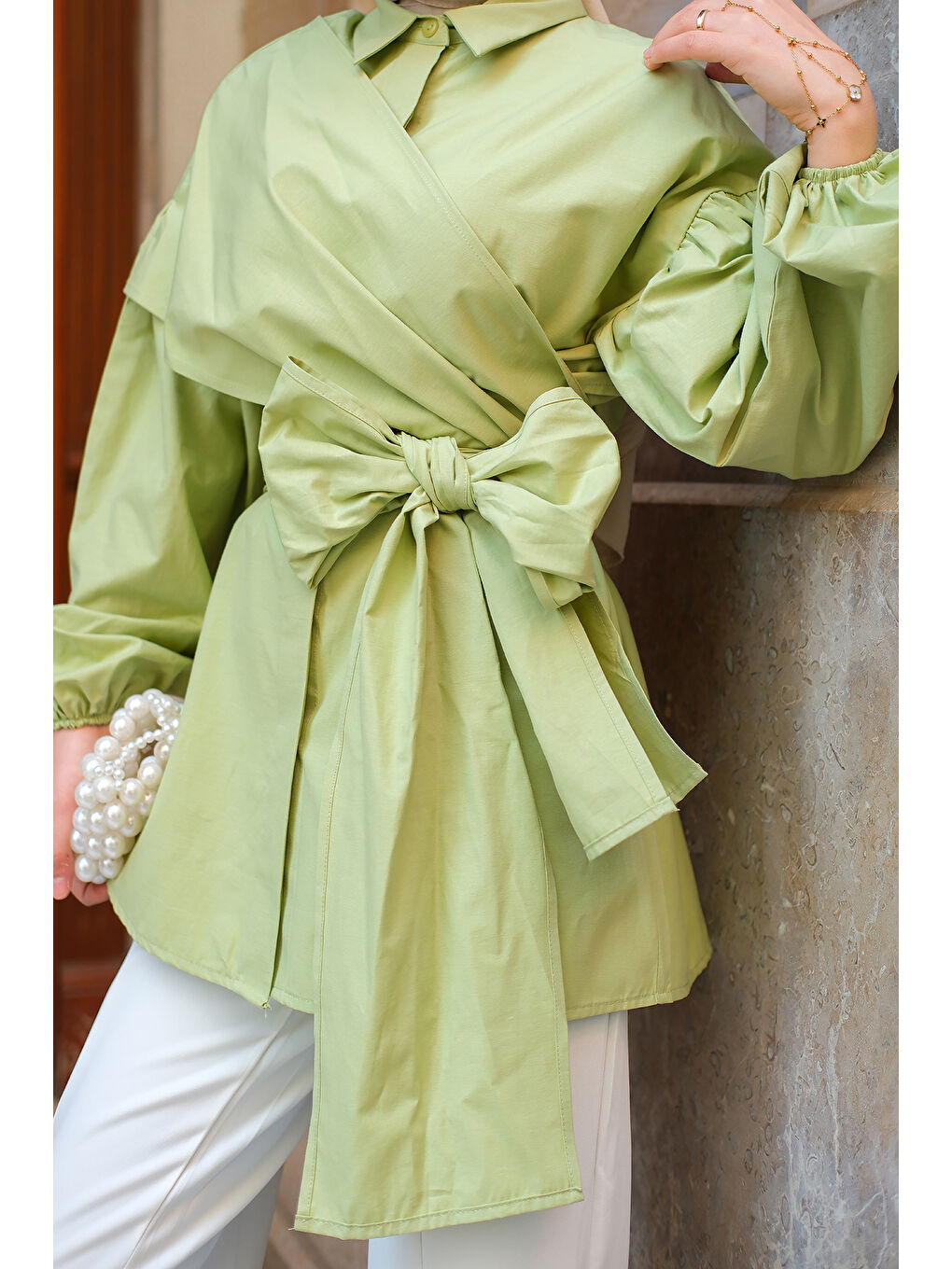 Kadın Omuz Bağlamalı Poplin Gömlek Yeşil-4