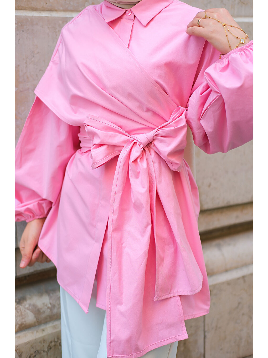 Kadın Omuz Bağlamalı Poplin Gömlek Pembe-4