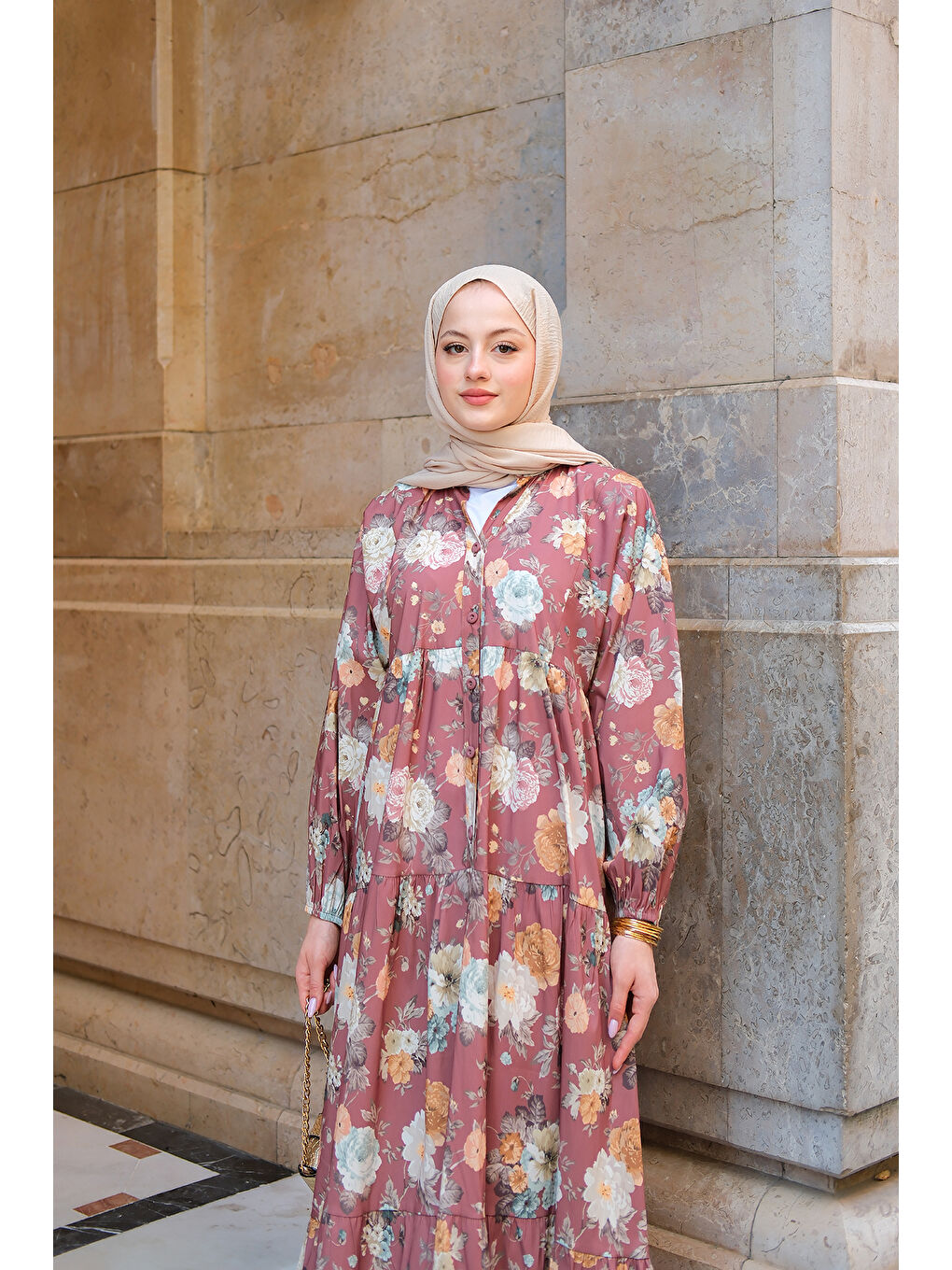 Kadın Rose Desenli Elbise Kahverengi-3