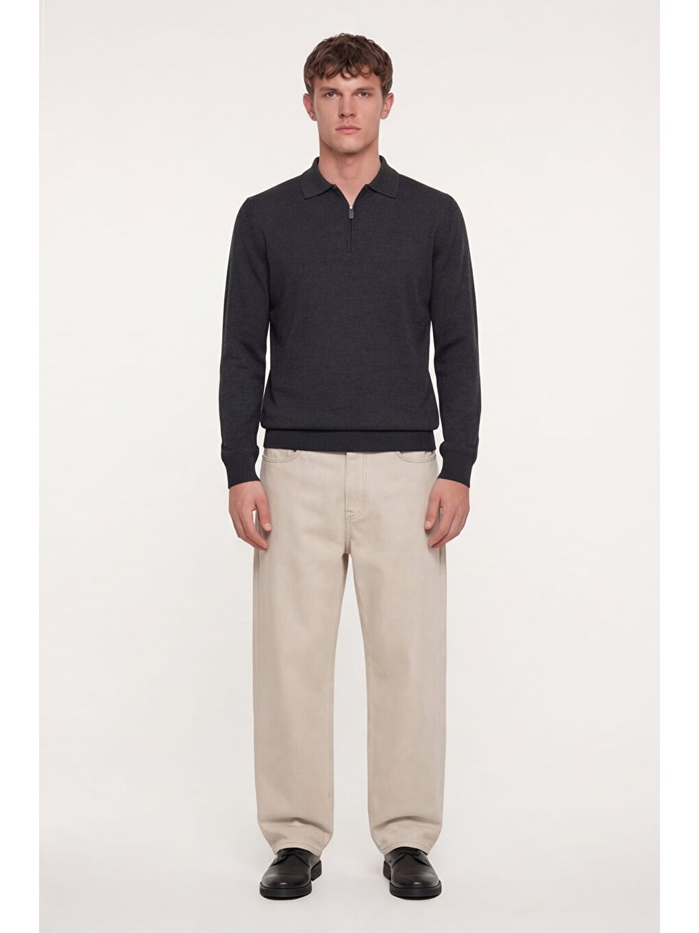 Erkek Antrasit Normal Kesim Regular Fit Yünlü Düz Fermuarlı Polo Yaka Triko Kazak-1