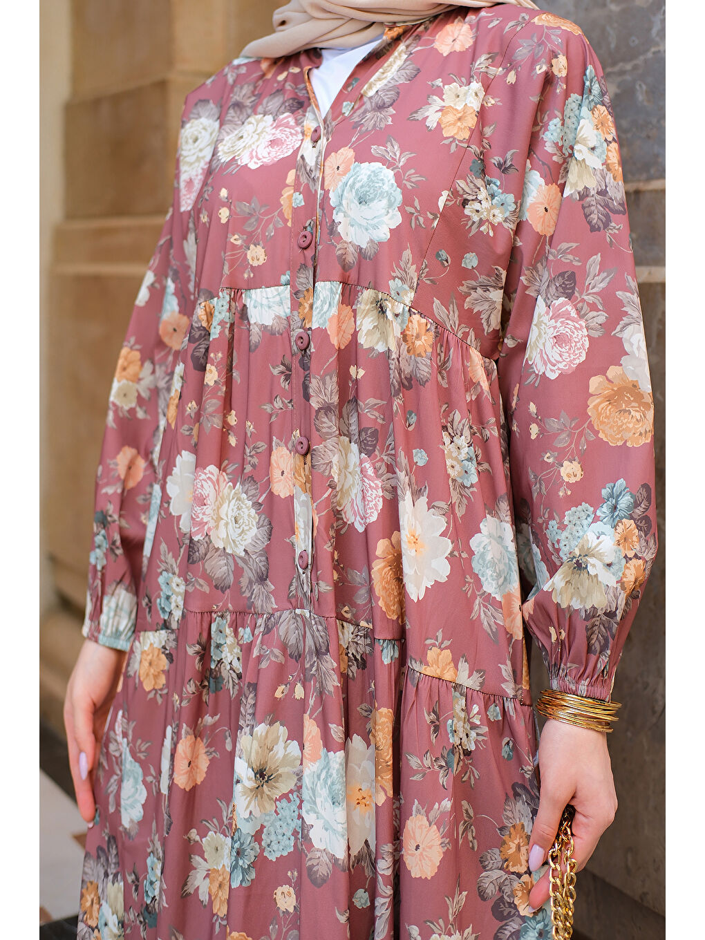 Kadın Rose Desenli Elbise Kahverengi-4