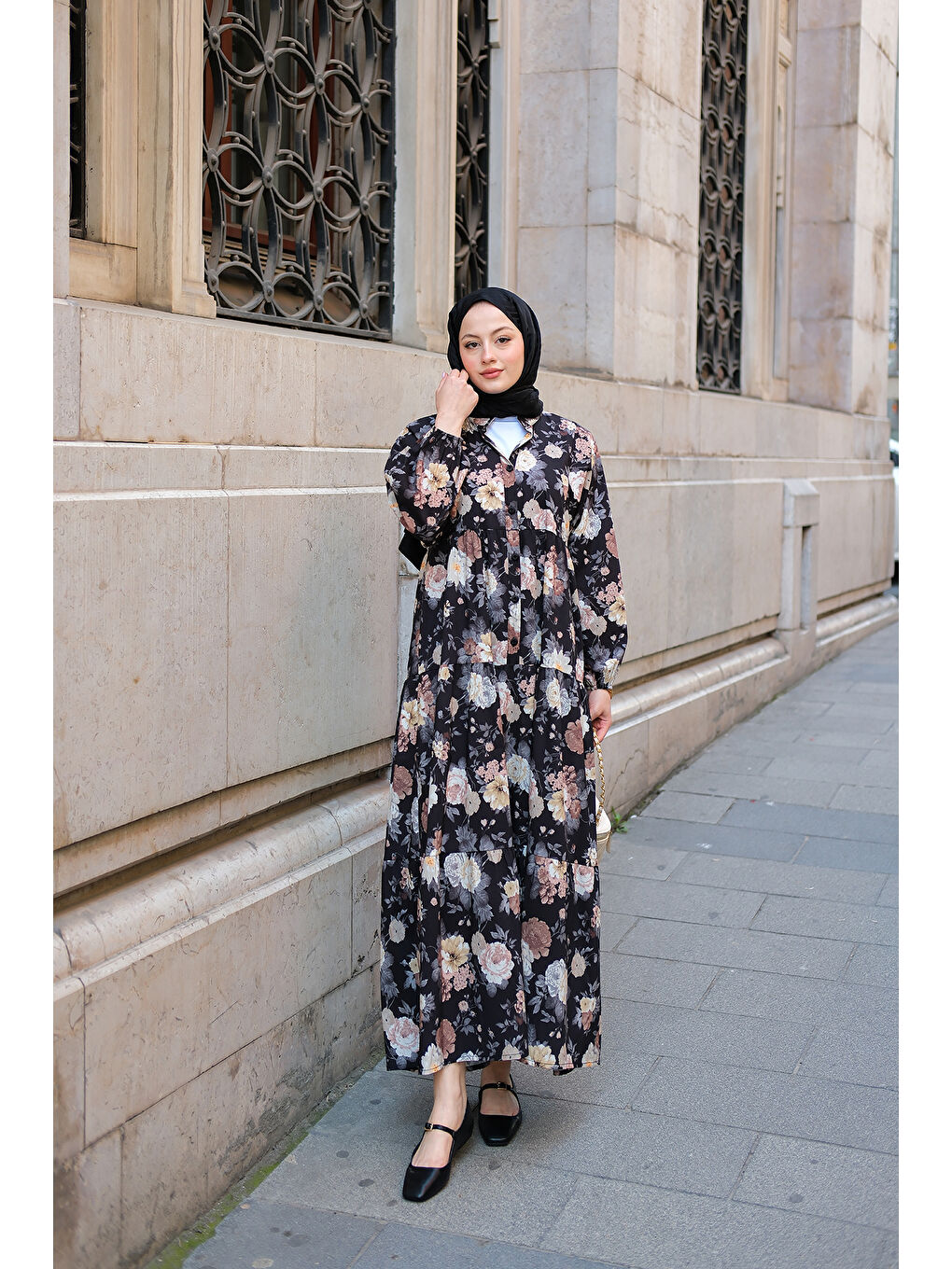 Kadın Rose Desenli Elbise Siyah-1