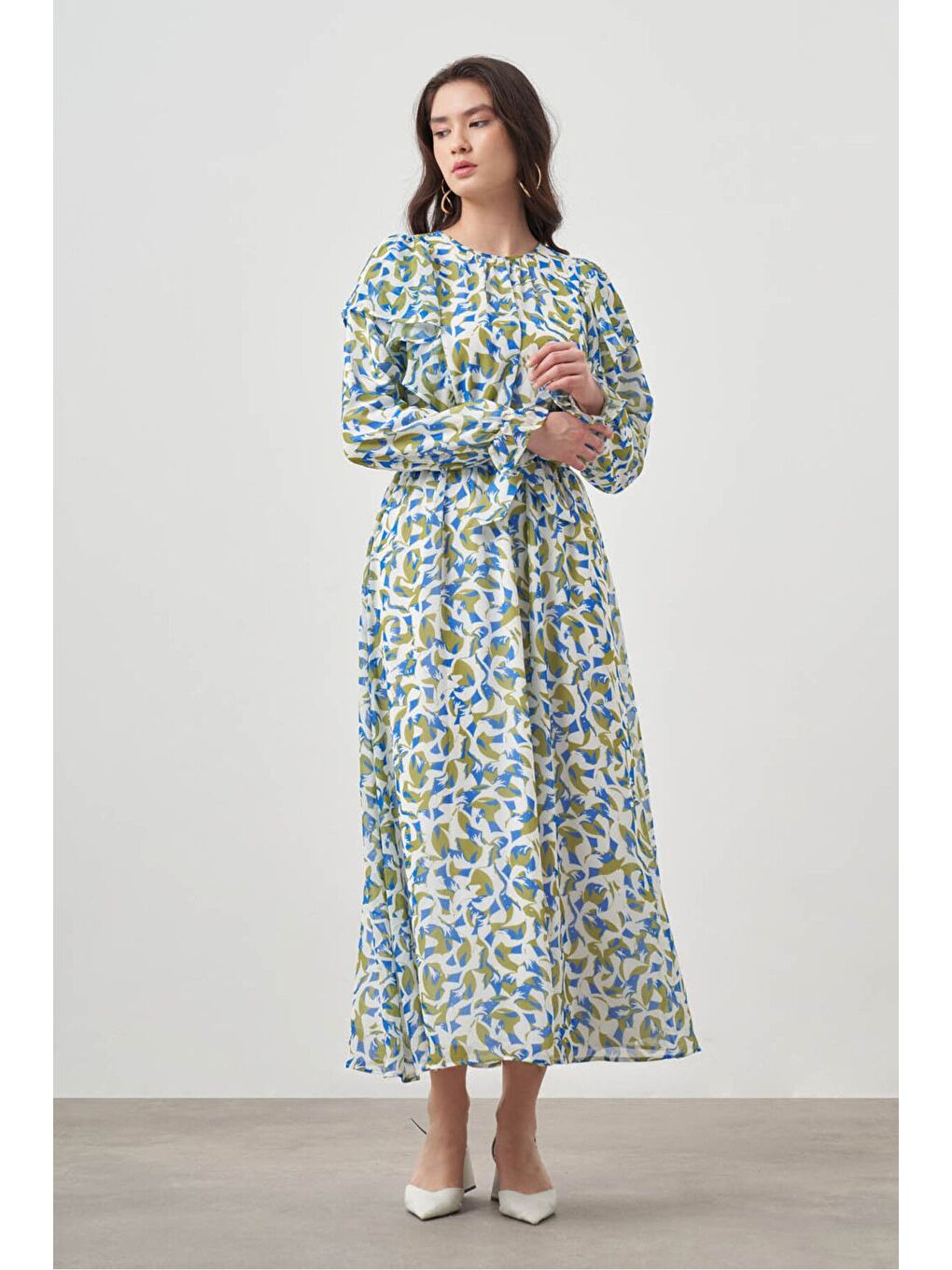 Botanik Desenli Şifon Mavi Elbise