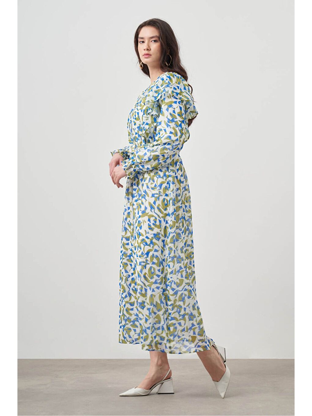 Botanik Desenli Şifon Mavi Elbise-1