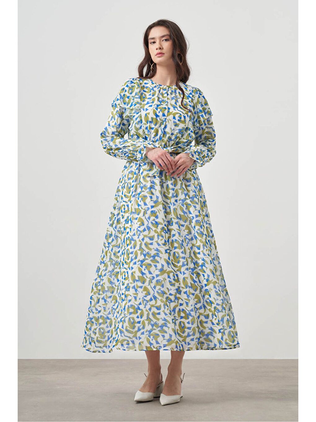 Botanik Desenli Şifon Mavi Elbise-2