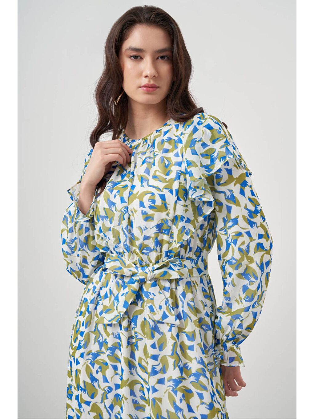 Botanik Desenli Şifon Mavi Elbise-3