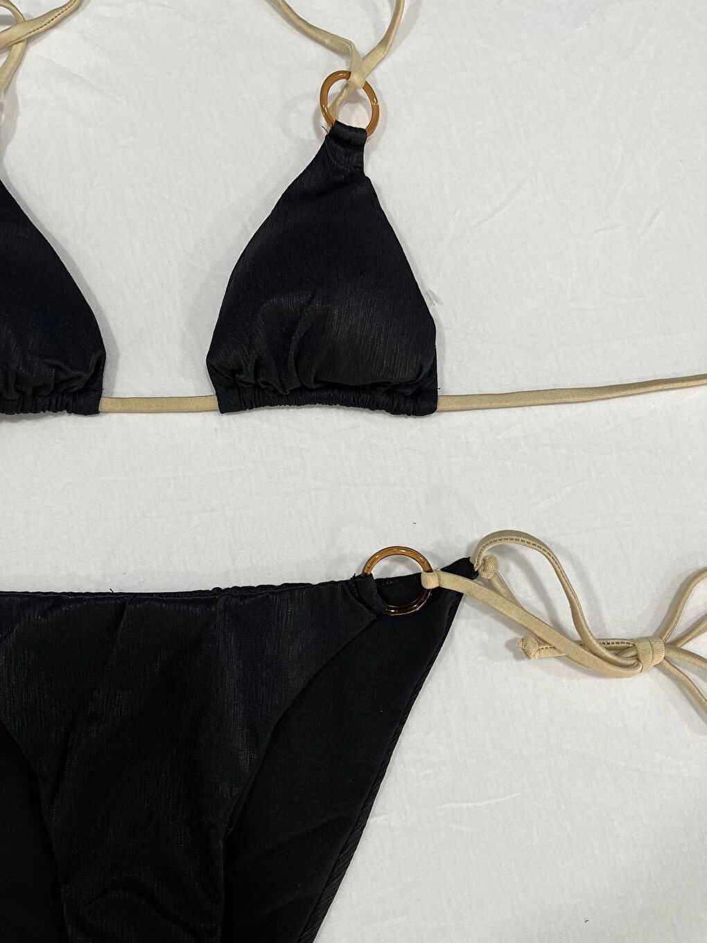 Kadın Siyah Halka Detaylı İp Bağlamalı Astarlı Bikini Takım HZL25S-AR1617-4