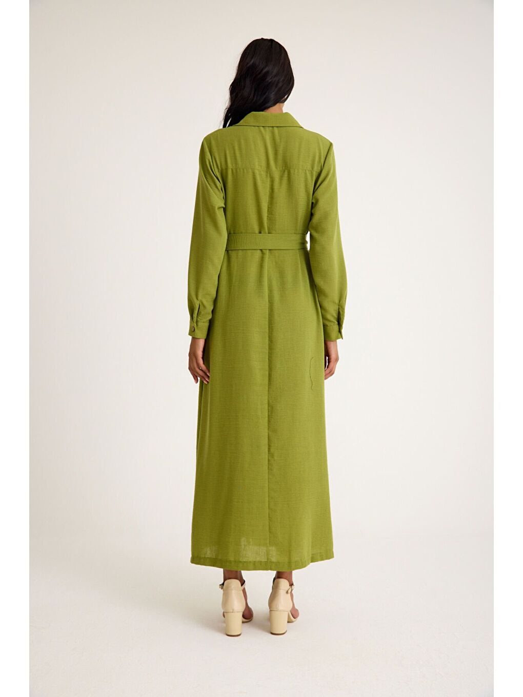 Keten Dokulu Gömlek Yeşil Elbise-2