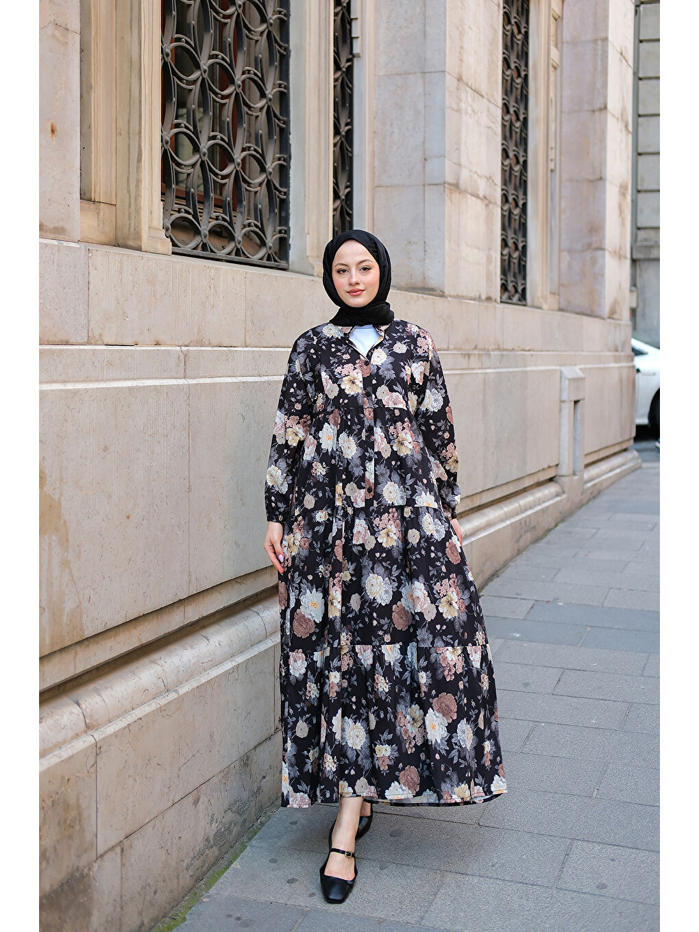 Kadın Rose Desenli Elbise Siyah-2