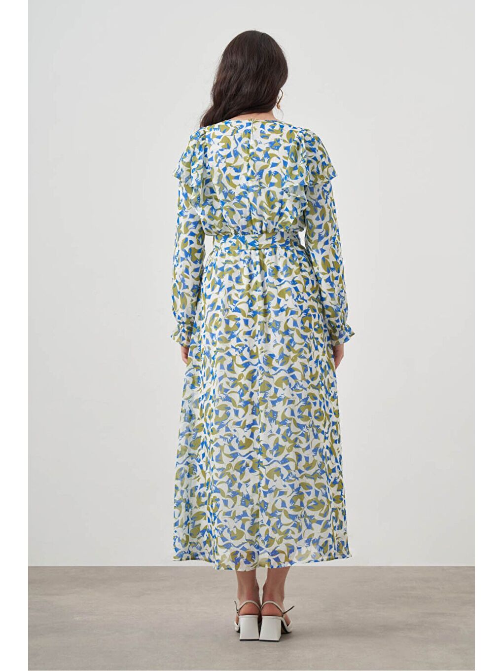 Botanik Desenli Şifon Mavi Elbise-4