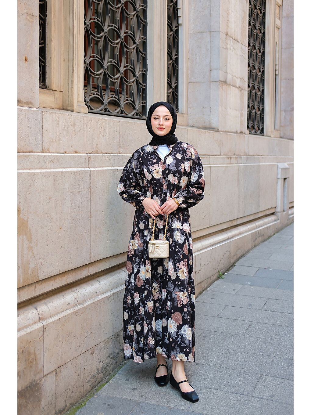 Kadın Rose Desenli Elbise Siyah-3