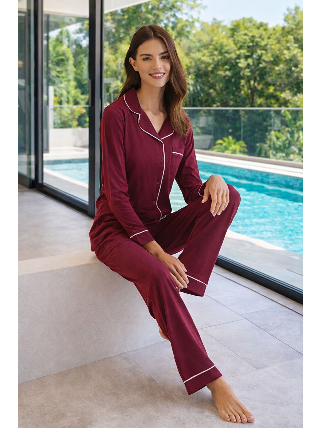Kadın Penye Uzun Kol Pijama Takımı 3304 Bordo01-1
