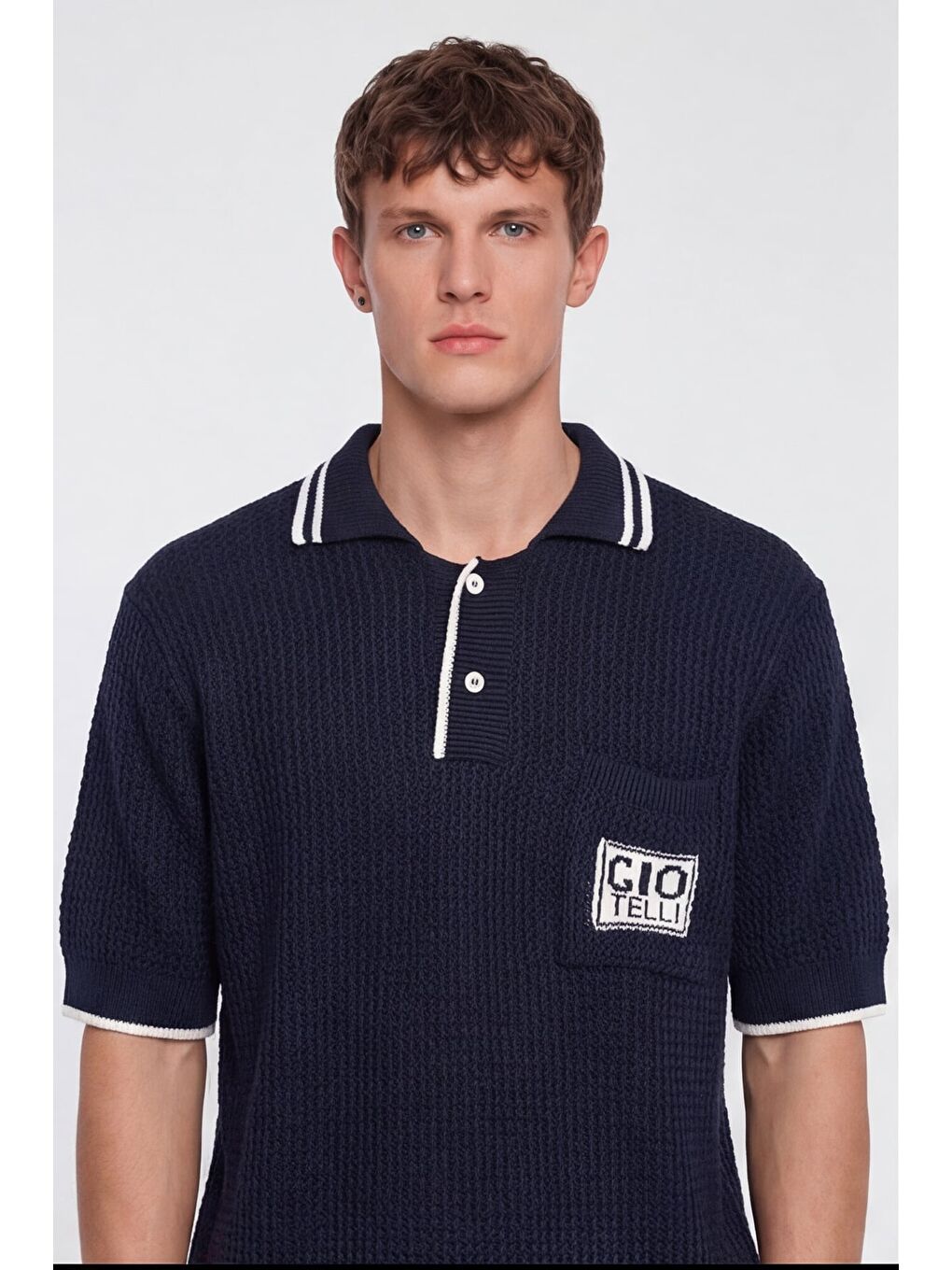 Giotelli Erkek Lacivert Normal Kesim Regular Fit %100 Pamuk Düğmeli Polo Yaka Triko Kazak