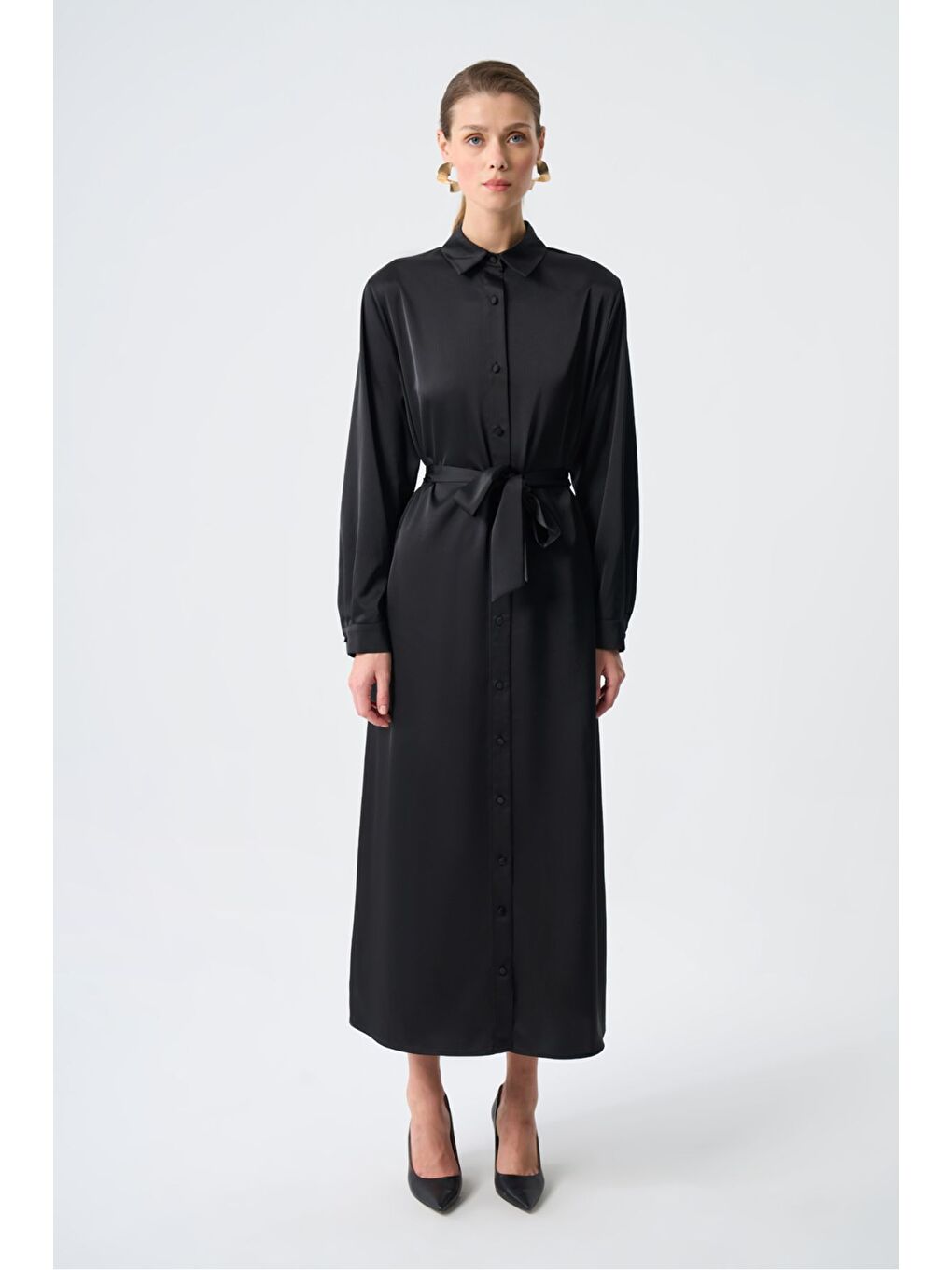 Siyah Saten Gömlek Elbise-3