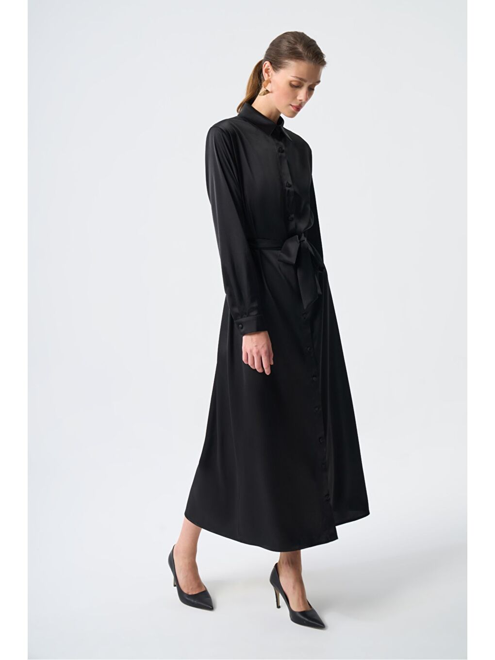 Siyah Saten Gömlek Elbise-5