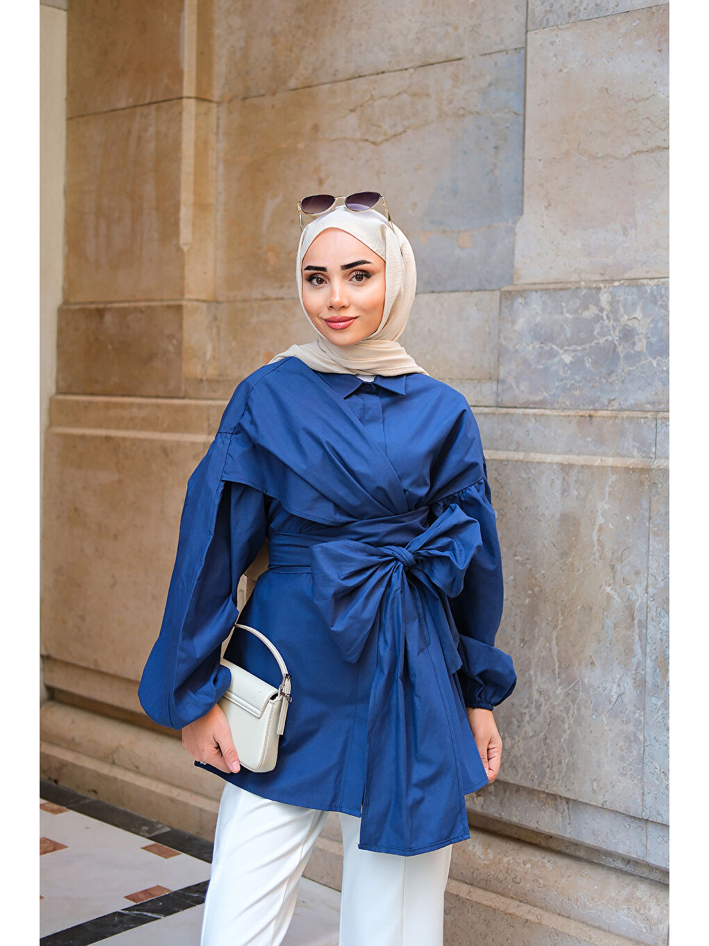 Kadın Omuz Bağlamalı Poplin Gömlek Lacivert-1