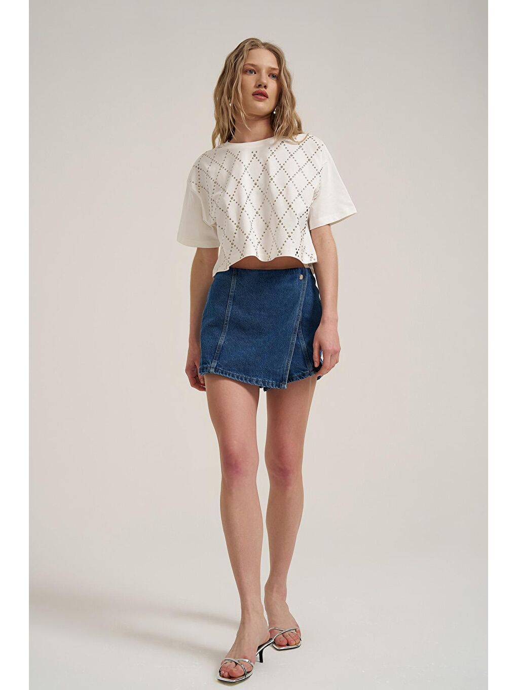 Düğme Detaylı Jean Şort Etek Mavi