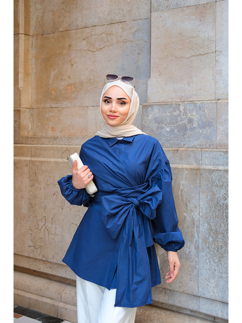 Kadın Omuz Bağlamalı Poplin Gömlek Lacivert-2