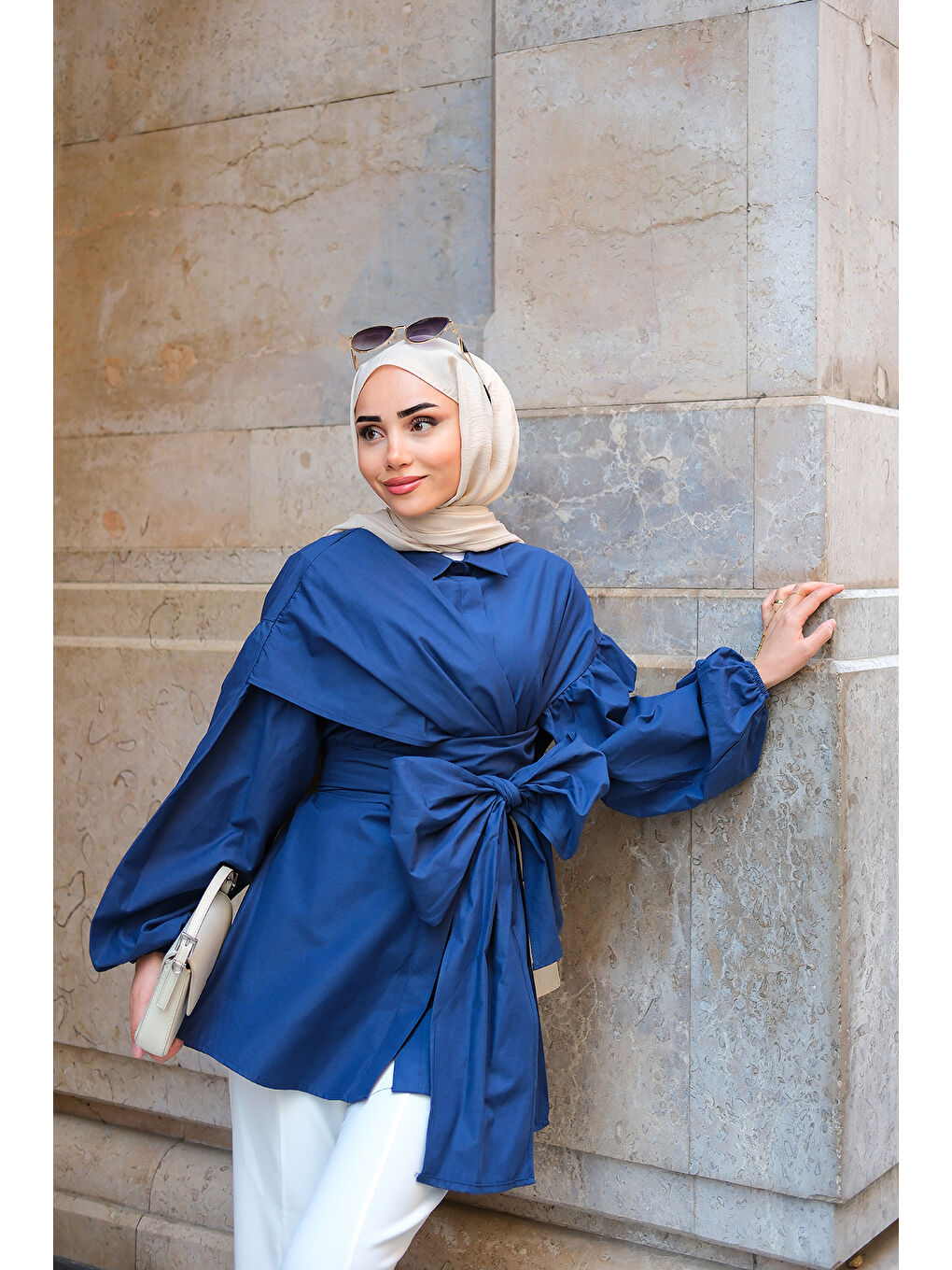 Kadın Omuz Bağlamalı Poplin Gömlek Lacivert-3