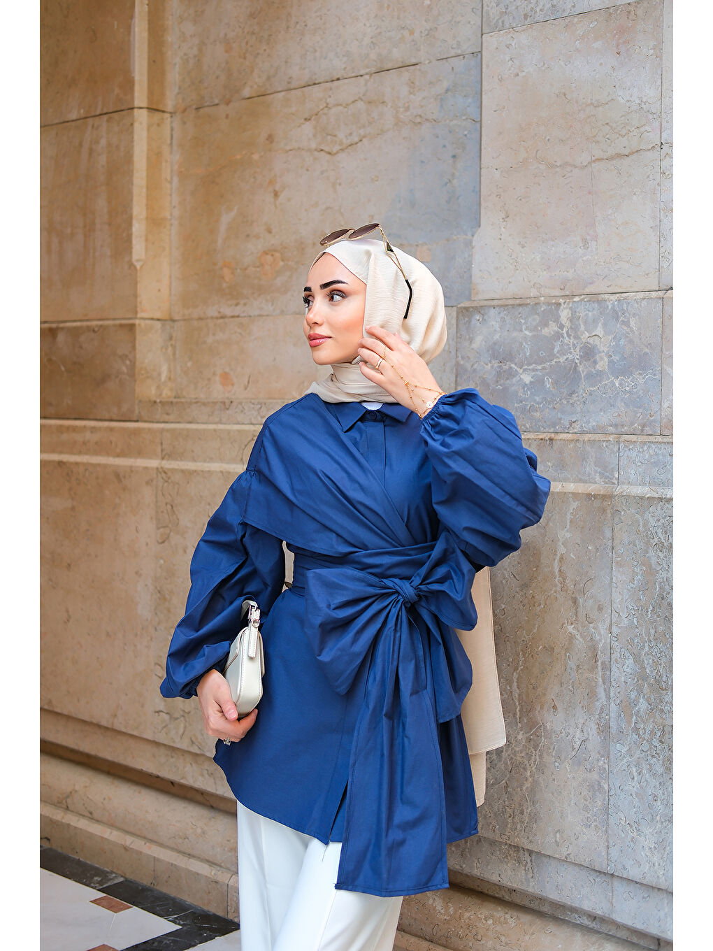 Kadın Omuz Bağlamalı Poplin Gömlek Lacivert-4