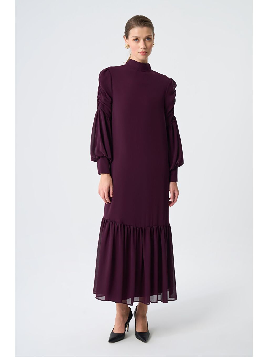 Drapeli Şifon Mürdüm Elbise