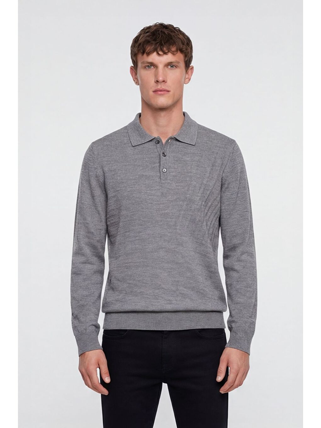 Erkek Gri Normal Kesim Regular Fit Yünlü Düğmeli Polo Yaka Triko Kazak