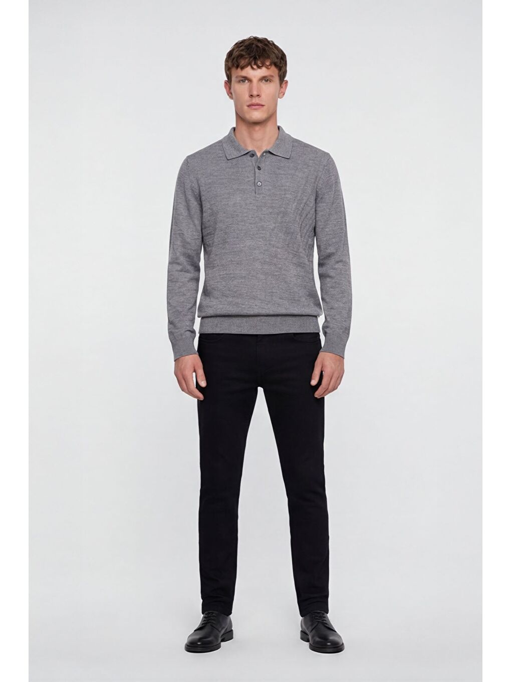 Erkek Gri Normal Kesim Regular Fit Yünlü Düğmeli Polo Yaka Triko Kazak-1