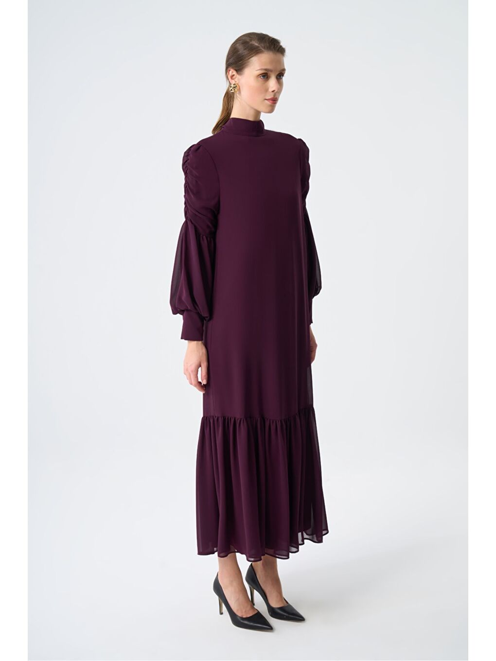 Drapeli Şifon Mürdüm Elbise-1