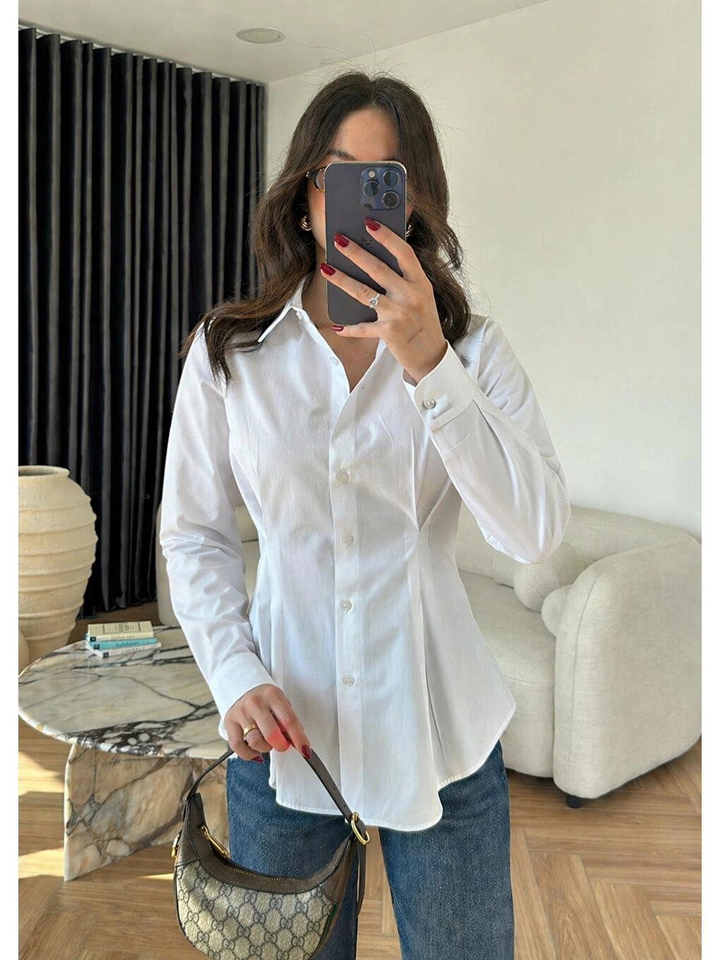 Kadın Beyaz Beli Pileli Gömlek 7965