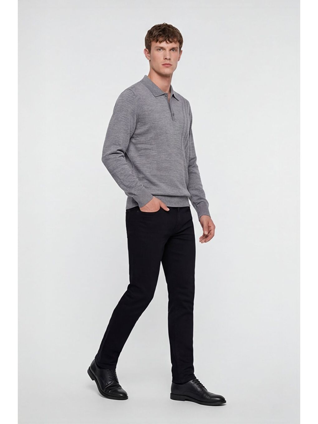 Erkek Gri Normal Kesim Regular Fit Yünlü Düğmeli Polo Yaka Triko Kazak-2