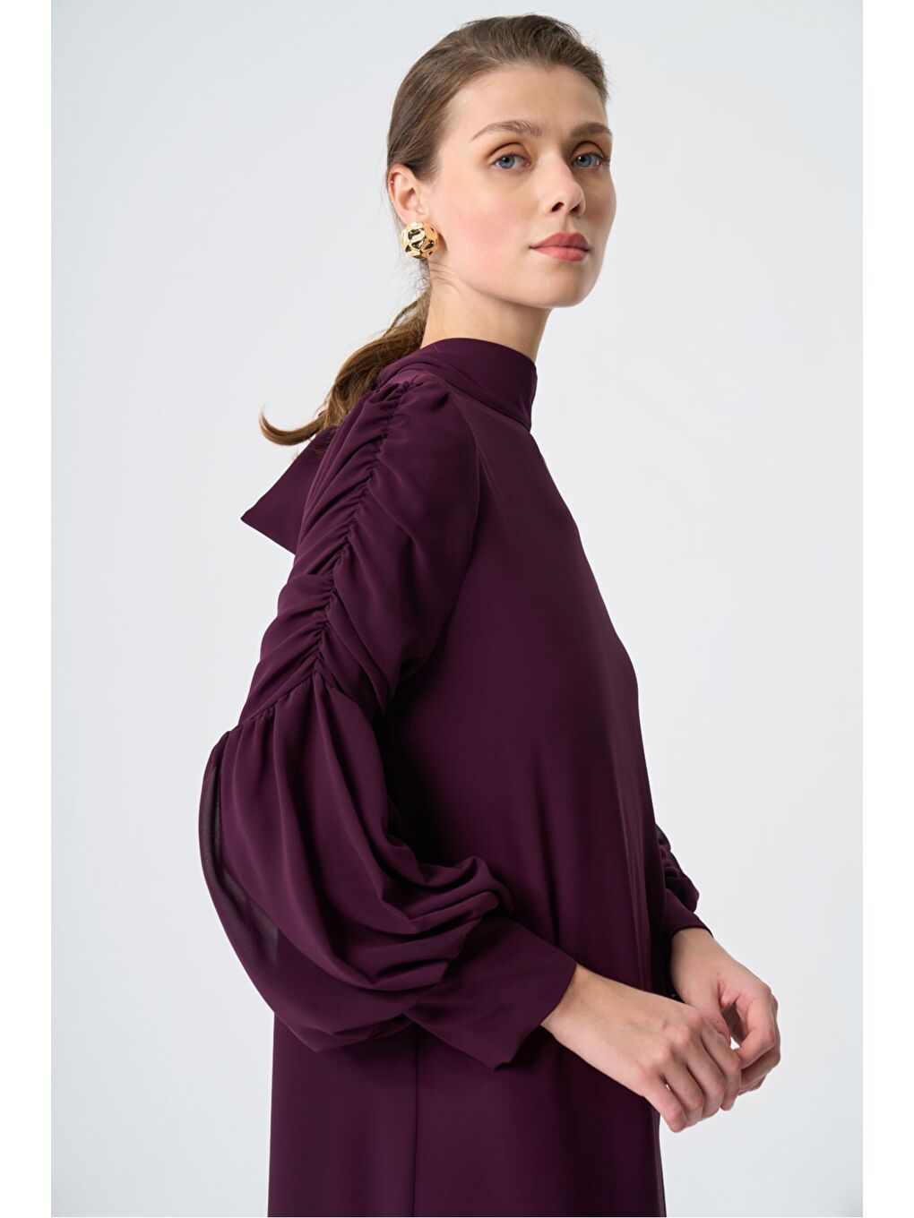 Drapeli Şifon Mürdüm Elbise-2