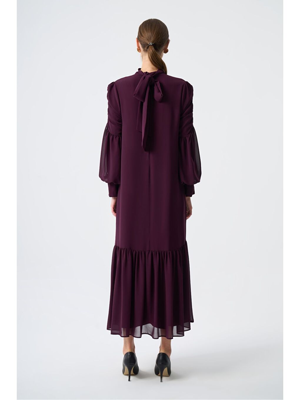 Drapeli Şifon Mürdüm Elbise-3