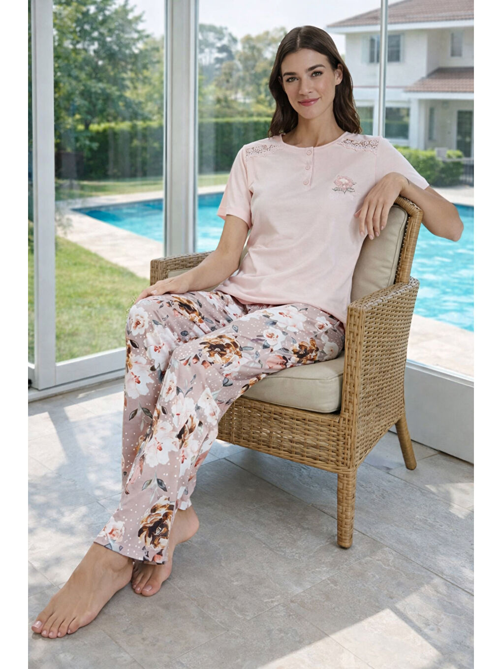 Pembe Kadın Penye Kısa Kol Pijama Takımı 3340 Pudra01-1