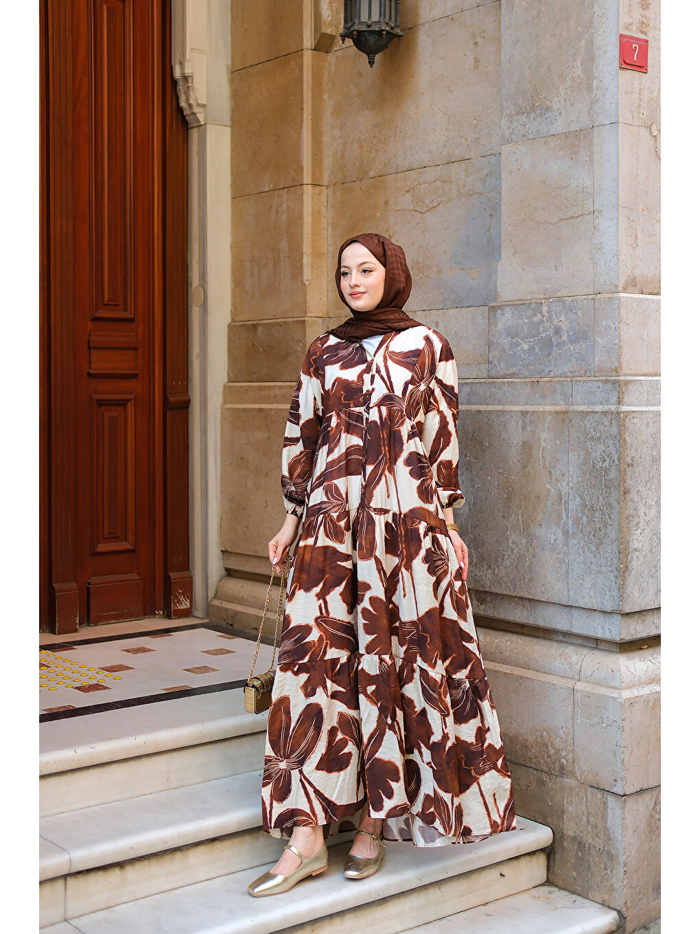 Kadın Batik Yaprak Desenli Elbise Kahverengi-2