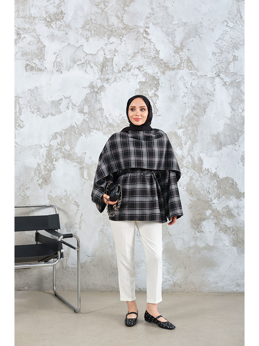 Kadın Ekose Desen Bel Bağlamalı Düğme Detay Panço Siyah-2
