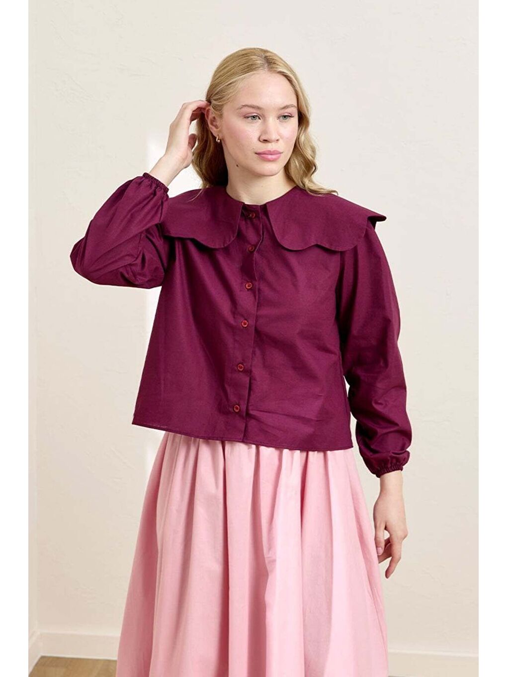 Mürdüm Papatya Yaka Crop Gömlek-1