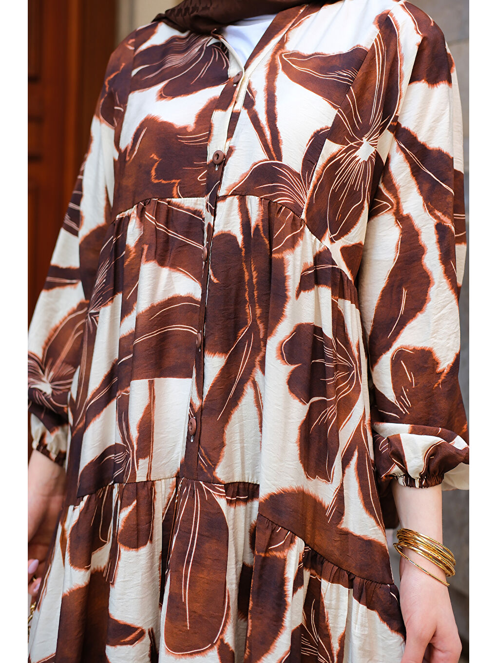 Kadın Batik Yaprak Desenli Elbise Kahverengi-4