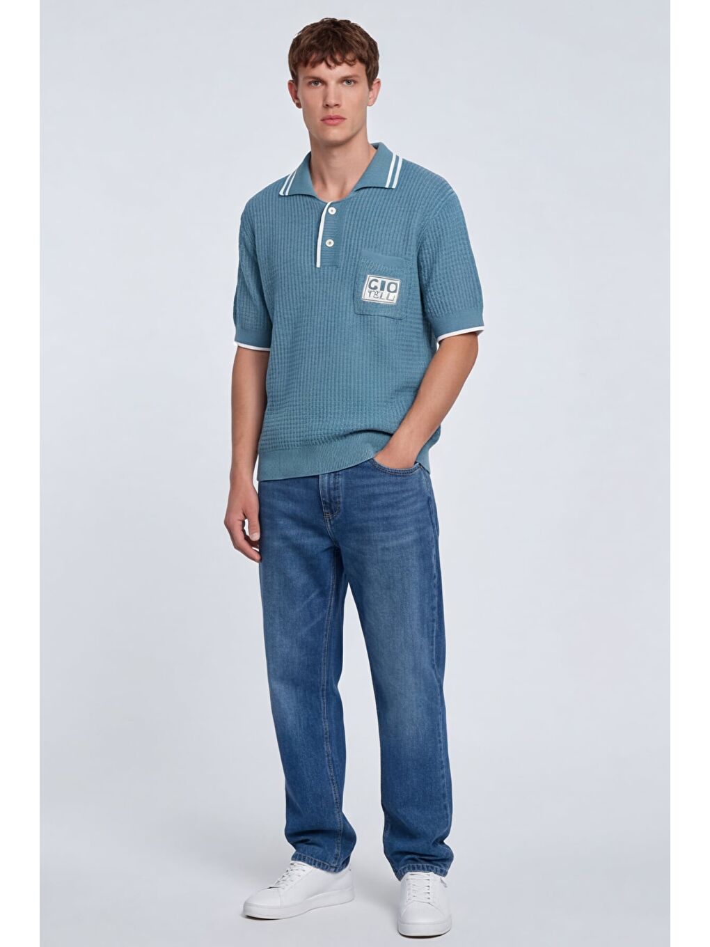 Giotelli Erkek Mavi Normal Kesim Regular Fit %100 Pamuk Düğmeli Polo Yaka Triko Kazak-1