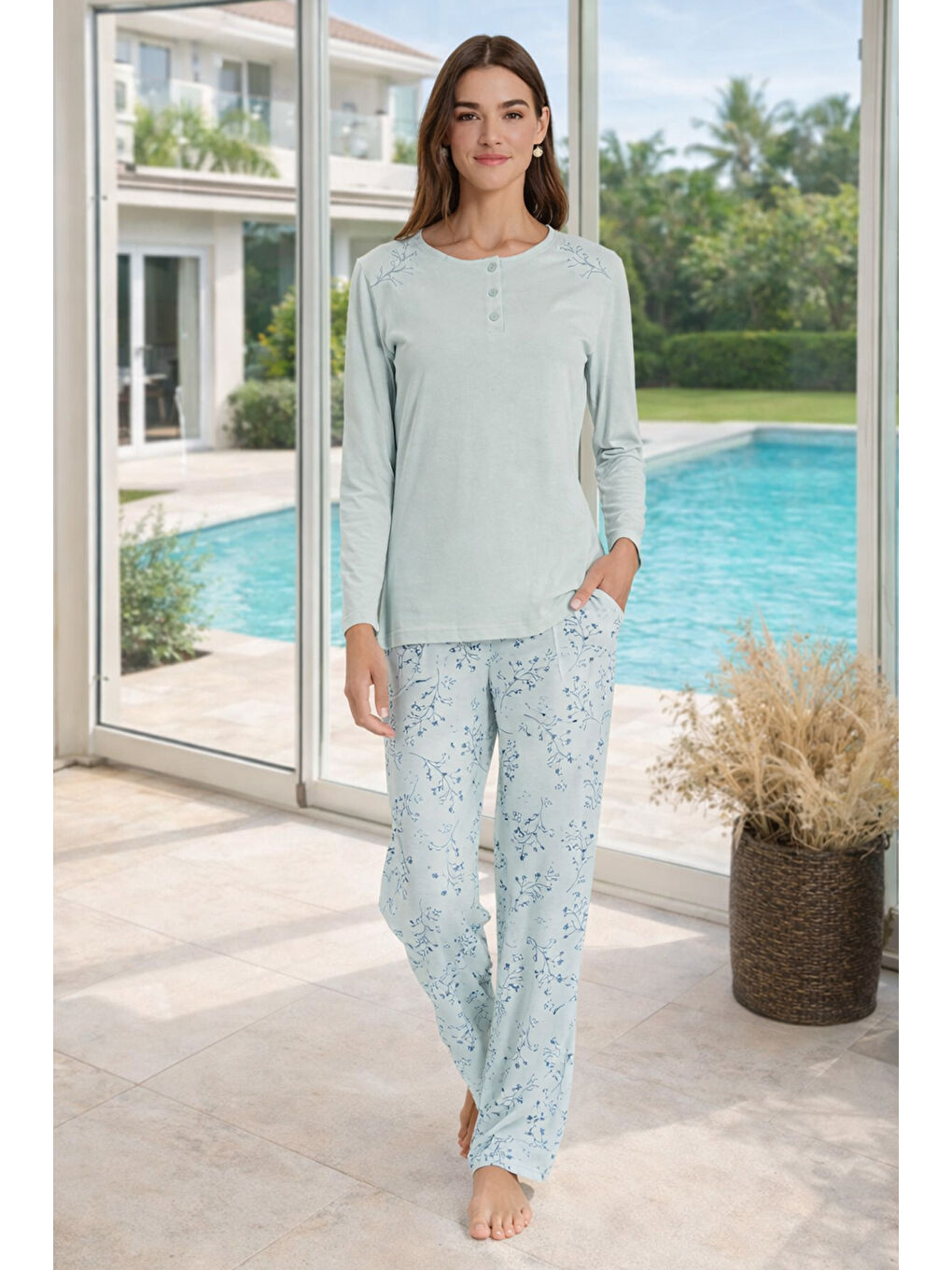 Kadın Penye Uzun Kol Pijama Takımı 3316 Turkuaz-1