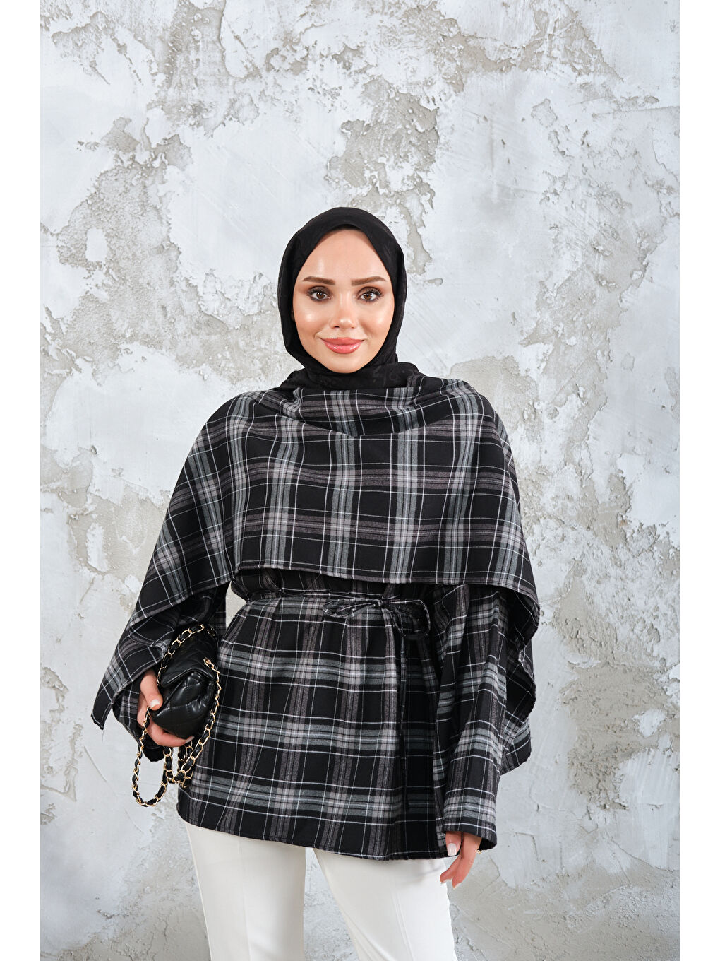 Kadın Ekose Desen Bel Bağlamalı Düğme Detay Panço Siyah-4