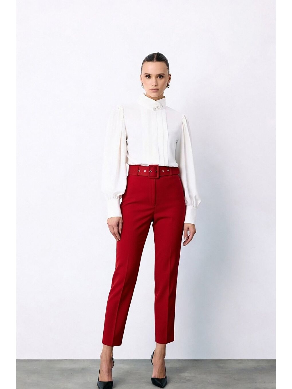 Yüksek Bel Kemerli Pantolon - Fuşya-1