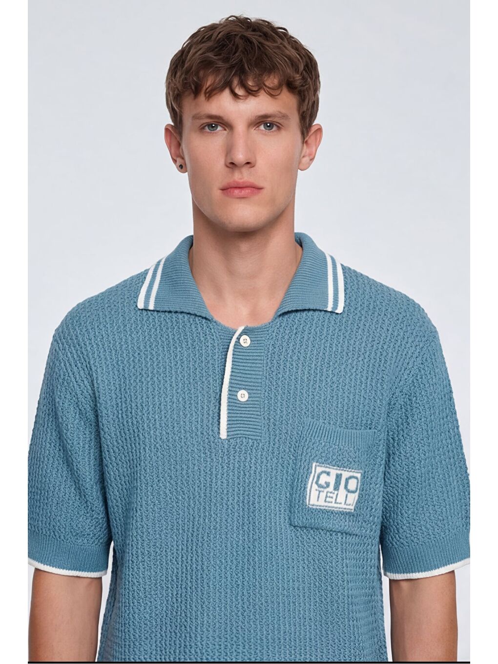 Giotelli Erkek Mavi Normal Kesim Regular Fit %100 Pamuk Düğmeli Polo Yaka Triko Kazak-2