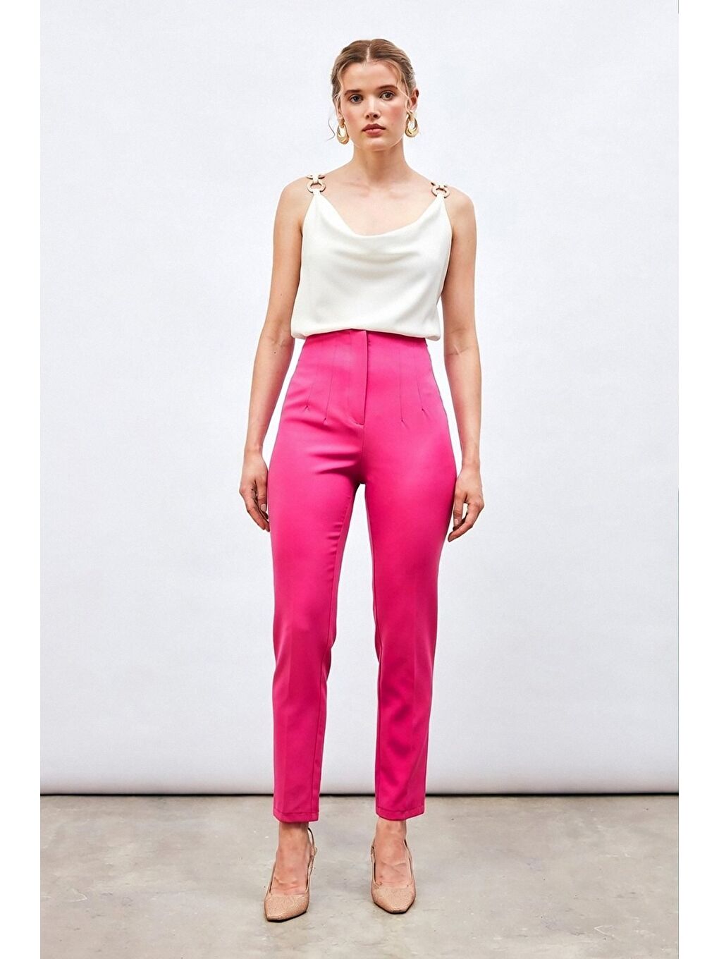 Yüksek Bel Pensli Pantolon - Fuşya