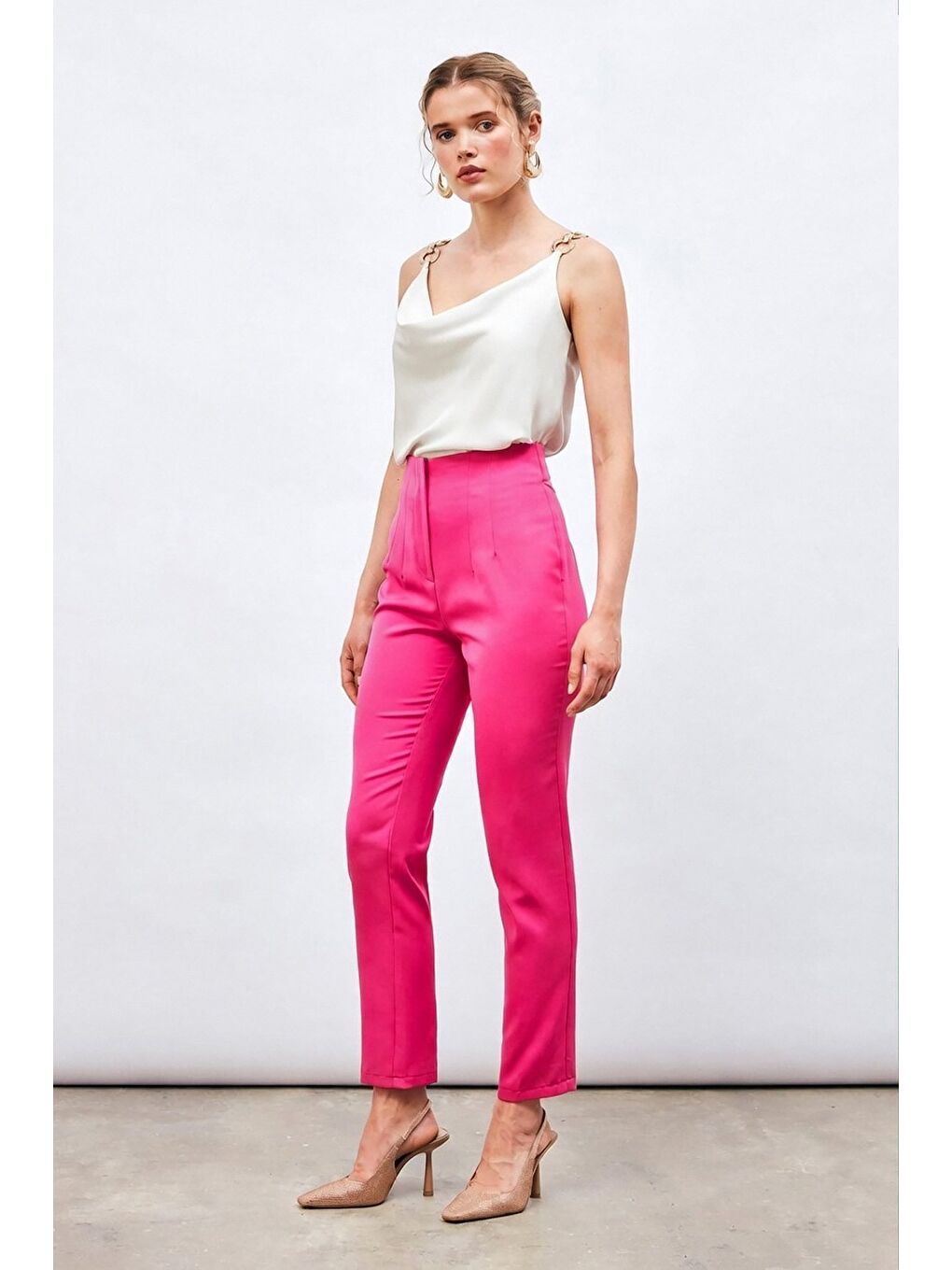 Yüksek Bel Pensli Pantolon - Fuşya-1