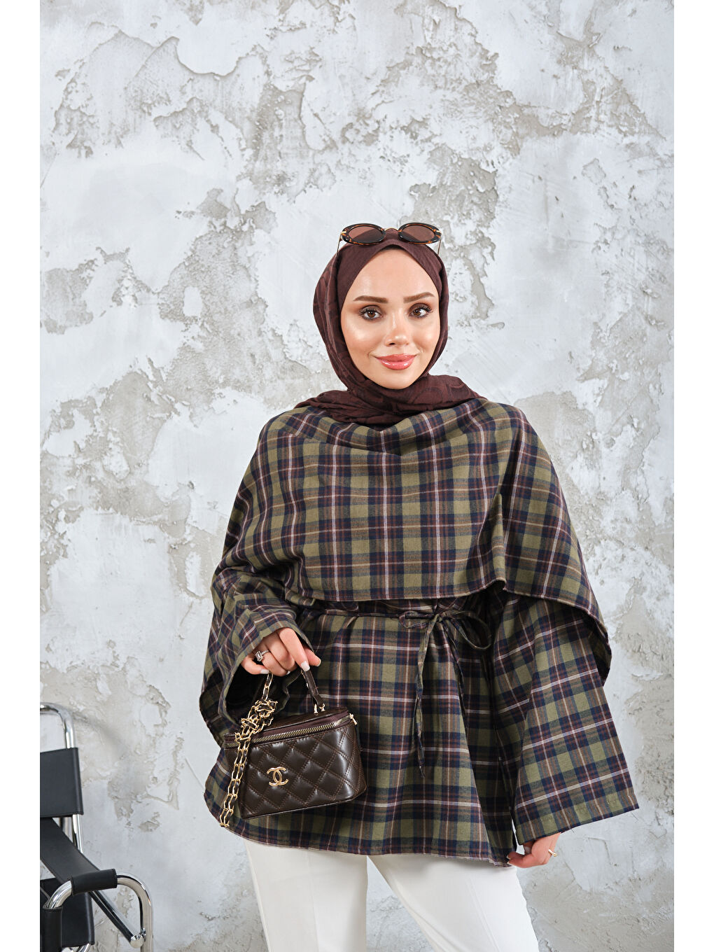 Kadın Ekose Desen Bel Bağlamalı Düğme Detay Panço Haki Yeşil-1