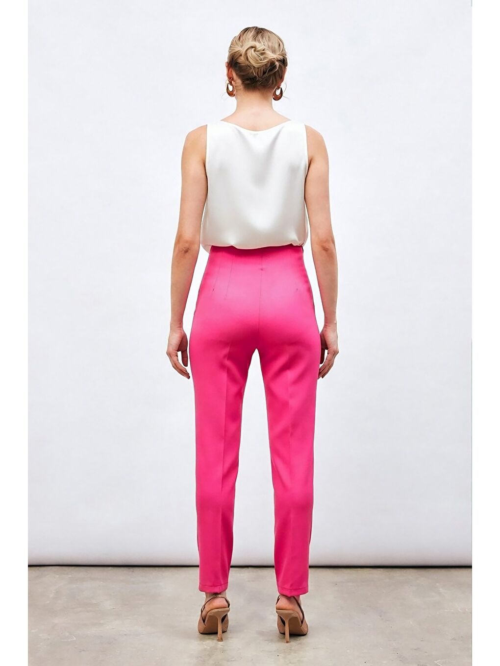 Yüksek Bel Pensli Pantolon - Fuşya-3