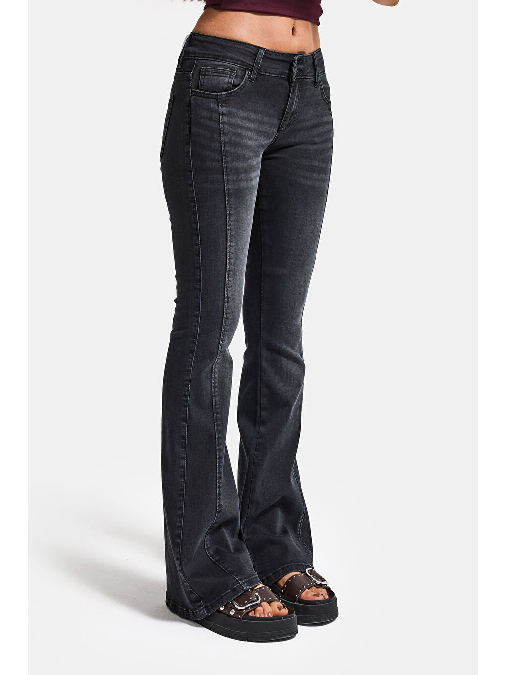 Gri Kadın Füme 2s6-1 Mid Rise Flare Fit Kemer Detaylı Esnek Kumaş Denim Jean